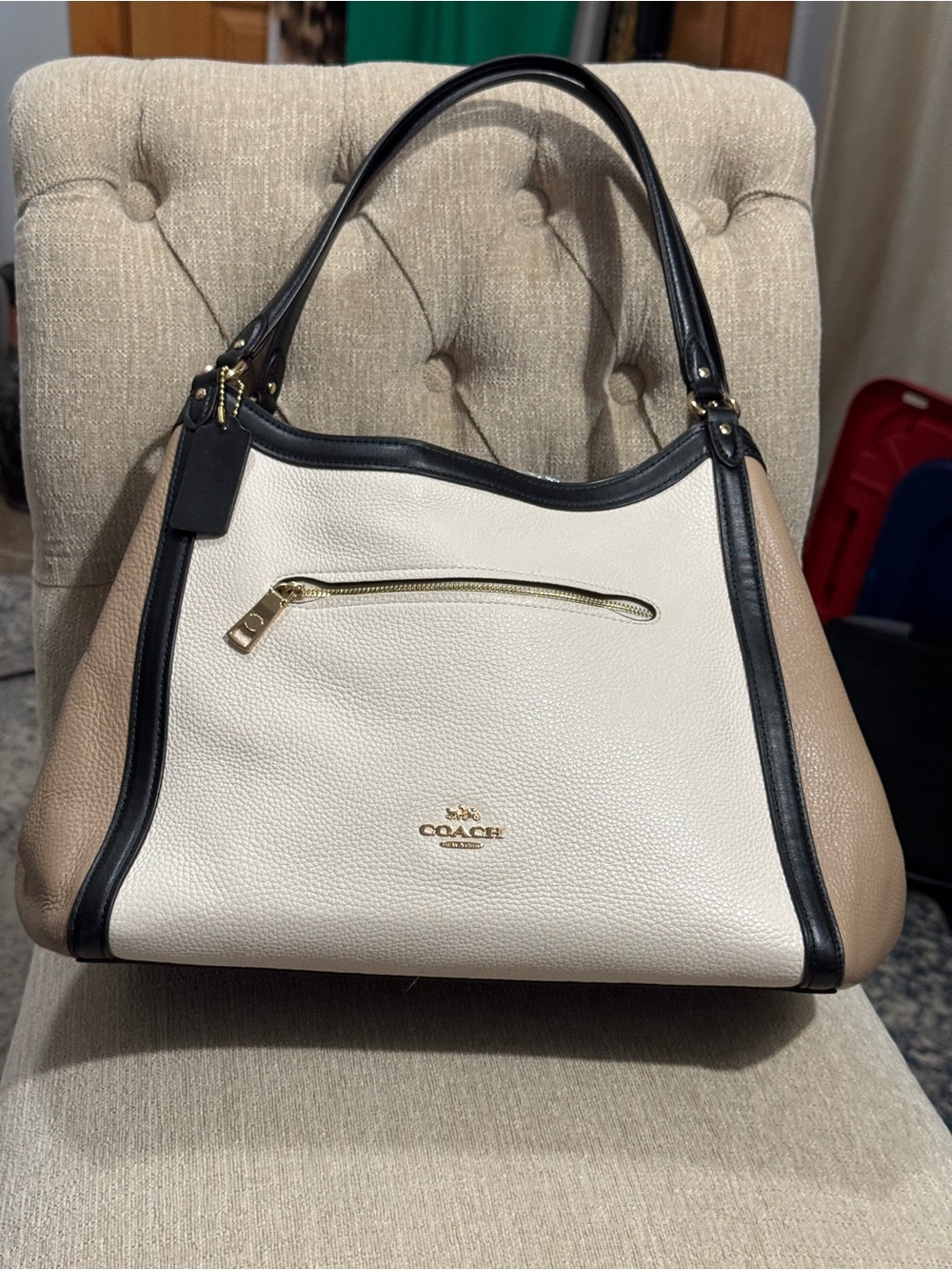 Coach Two-Tone Leather Shoulder Bag in Cream, Taupe & Black